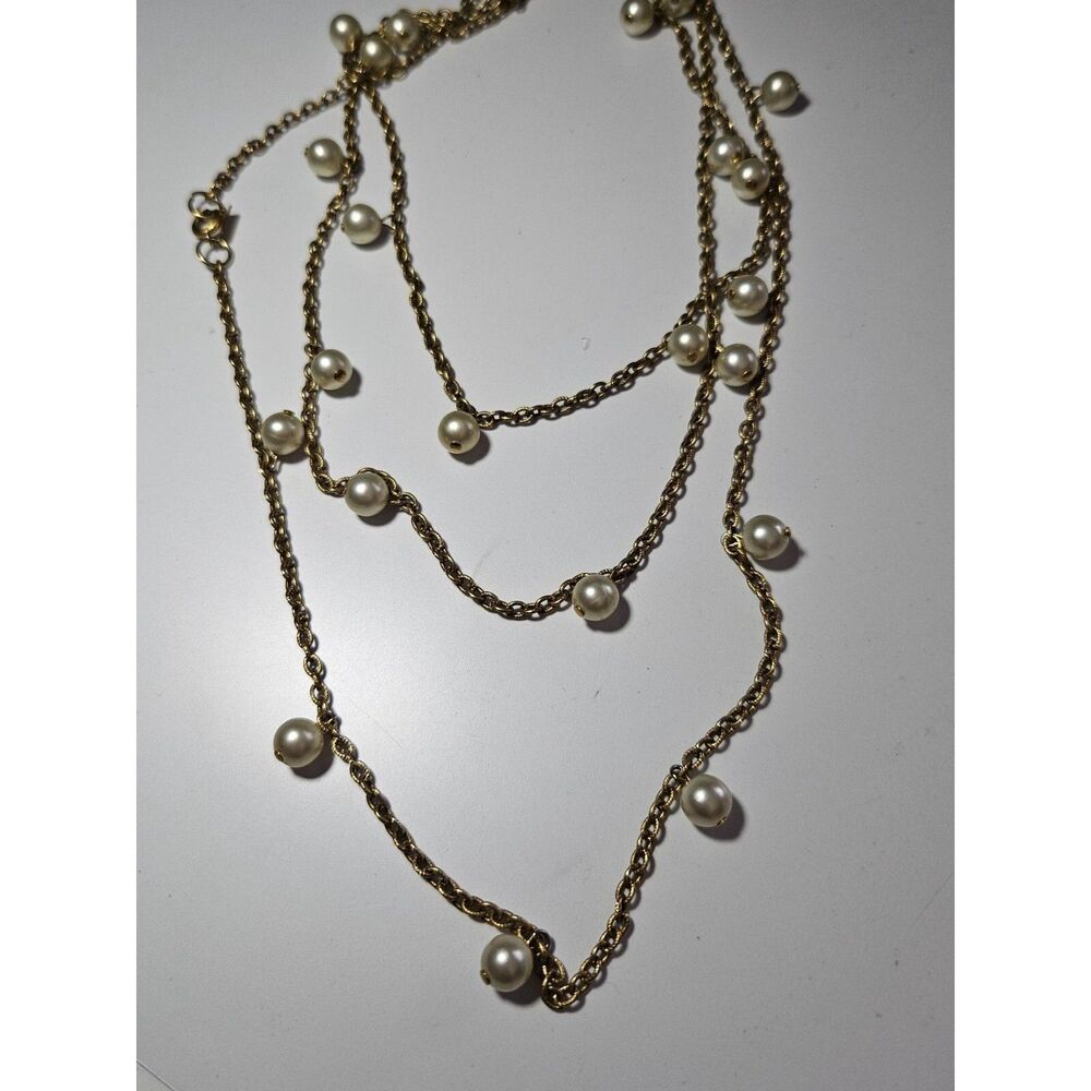 Tammey Jewels Vintage Long Gold Tone Necklace 54" Station Faux Pearl